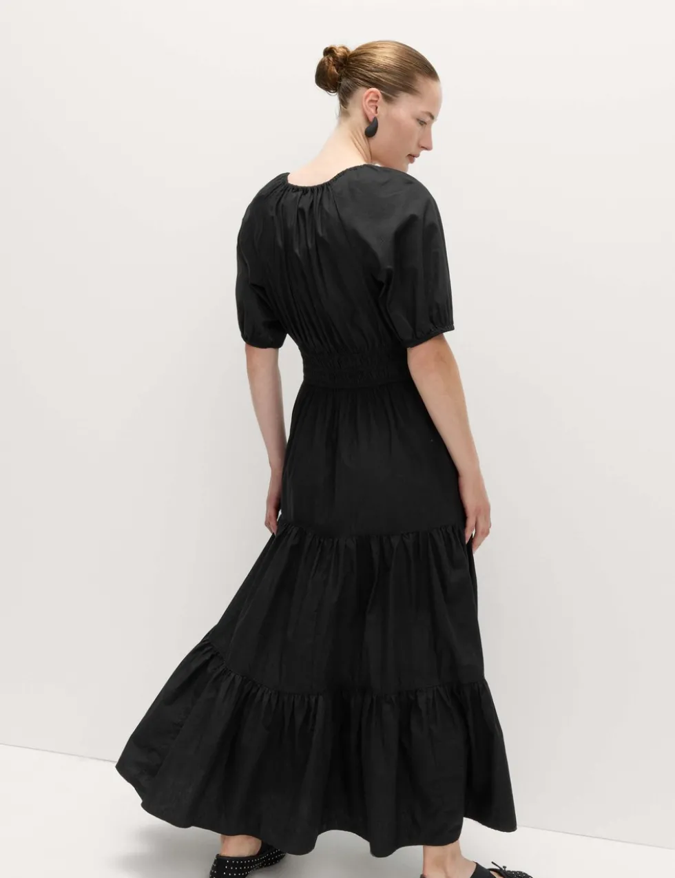 Pure Cotton Tie Neck Midaxi Waisted Dress