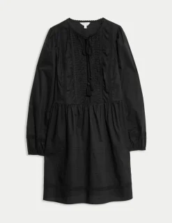 Pure Cotton Tie Neck Pleated Mini Dress