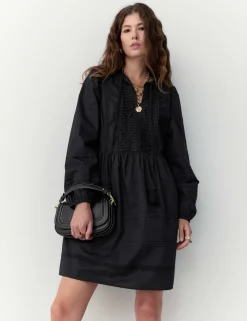 Pure Cotton Tie Neck Pleated Mini Dress
