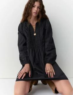 Pure Cotton Tie Neck Pleated Mini Dress