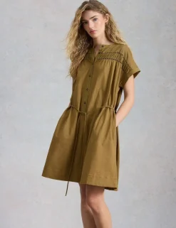 Pure Cotton Tie Waist Knee Length Shirt Dress