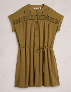 Pure Cotton Tie Waist Knee Length Shirt Dress