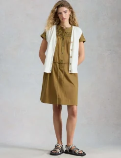 Pure Cotton Tie Waist Knee Length Shirt Dress