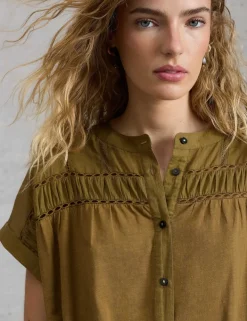 Pure Cotton Tie Waist Knee Length Shirt Dress