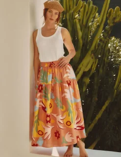 Pure Cotton Tropical Print Midi A-Line Skirt