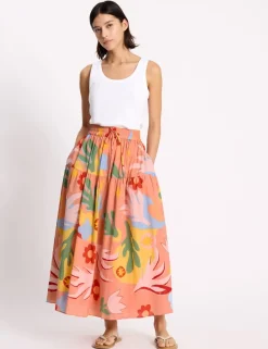 Pure Cotton Tropical Print Midi A-Line Skirt
