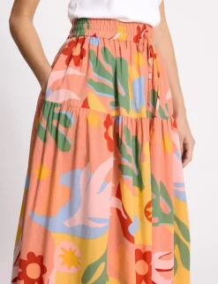 Pure Cotton Tropical Print Midi A-Line Skirt
