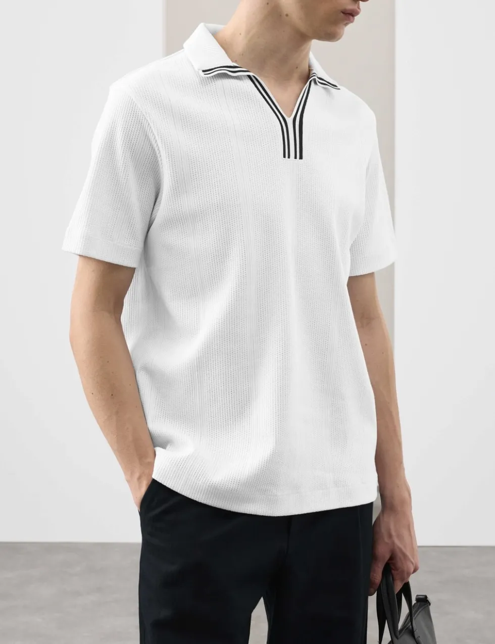 Pure Cotton Vertical Pointelle Polo Shirt