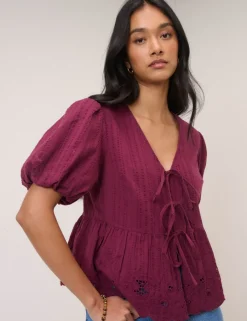 Pure Cotton V-Neck Cutwork Detail Blouse