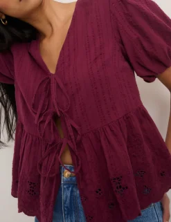Pure Cotton V-Neck Cutwork Detail Blouse