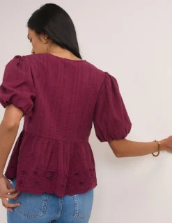 Pure Cotton V-Neck Cutwork Detail Blouse