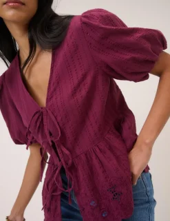 Pure Cotton V-Neck Cutwork Detail Blouse