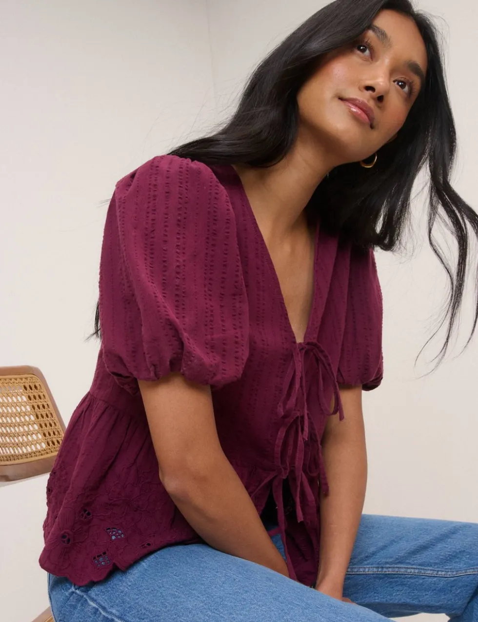 Pure Cotton V-Neck Cutwork Detail Blouse