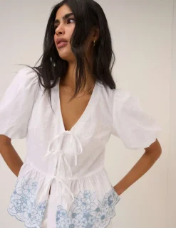 Pure Cotton V-Neck Cutwork Detail Blouse