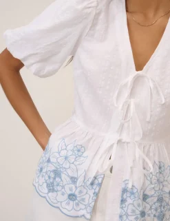 Pure Cotton V-Neck Cutwork Detail Blouse
