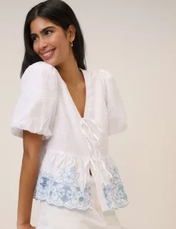 Pure Cotton V-Neck Cutwork Detail Blouse