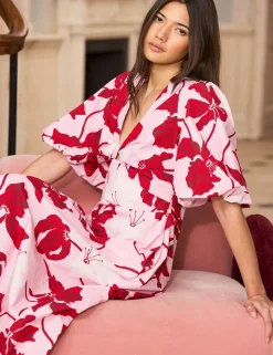 Pure Cotton V-Neck Floral Midaxi Dress