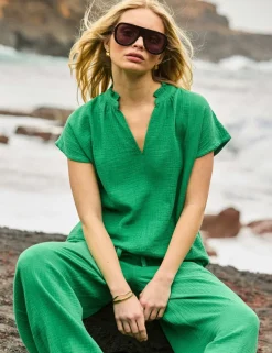 Pure Cotton V-Neck Frill Detail Relaxed Top