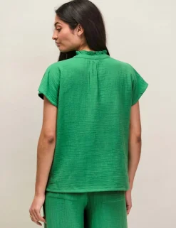 Pure Cotton V-Neck Frill Detail Relaxed Top