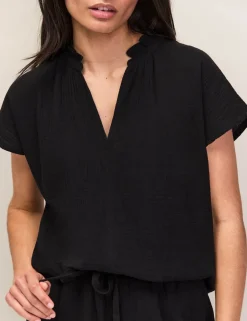 Pure Cotton V-Neck Frill Detail Relaxed Top