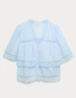 Pure Cotton V-Neck Lace Insert Blouse