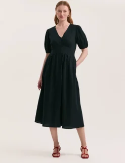 Pure Cotton V-Neck Midi Tea Dress