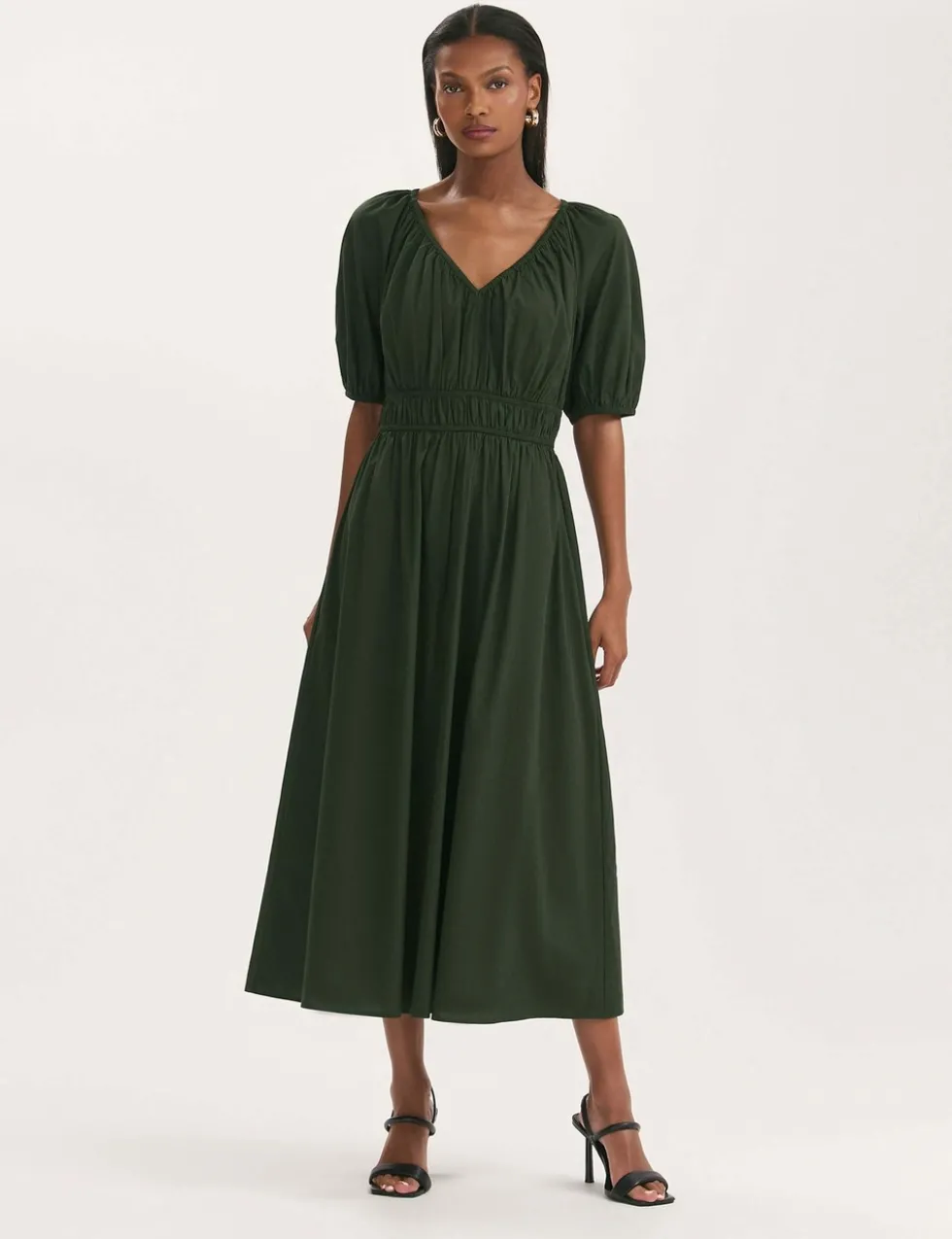 Pure Cotton V-Neck Midi Waisted Dress