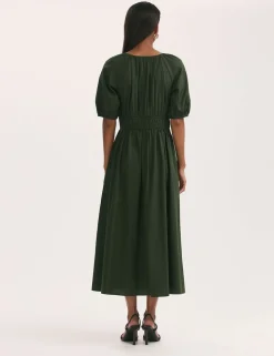 Pure Cotton V-Neck Midi Waisted Dress
