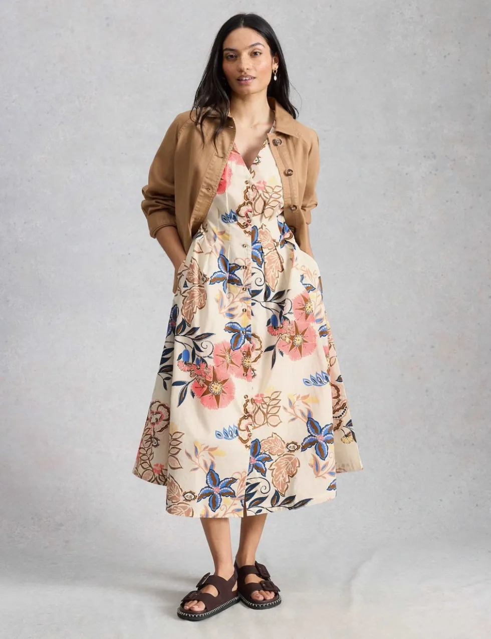 Pure Cotton V-Neck Midi Waisted Dress