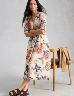Pure Cotton V-Neck Midi Waisted Dress