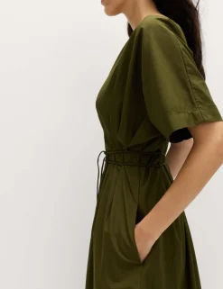 Pure Cotton V-Neck Midi Waisted Dress