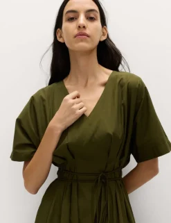 Pure Cotton V-Neck Midi Waisted Dress