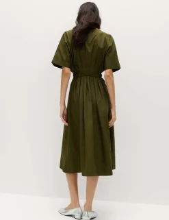 Pure Cotton V-Neck Midi Waisted Dress