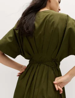 Pure Cotton V-Neck Midi Waisted Dress