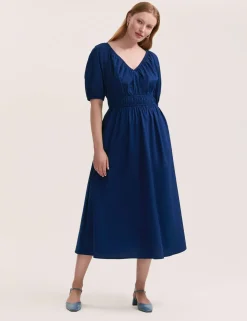 Pure Cotton V-Neck Midi Waisted Dress