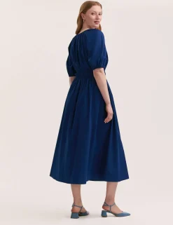 Pure Cotton V-Neck Midi Waisted Dress