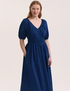 Pure Cotton V-Neck Midi Waisted Dress