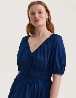 Pure Cotton V-Neck Midi Waisted Dress
