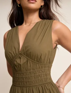 Pure Cotton V-Neck Midi Waisted Dress