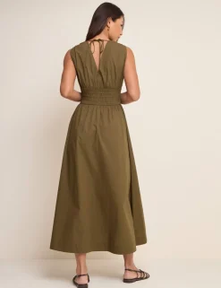 Pure Cotton V-Neck Midi Waisted Dress