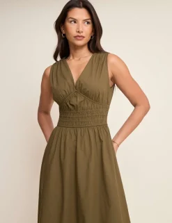 Pure Cotton V-Neck Midi Waisted Dress