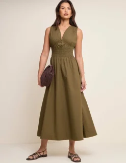 Pure Cotton V-Neck Midi Waisted Dress