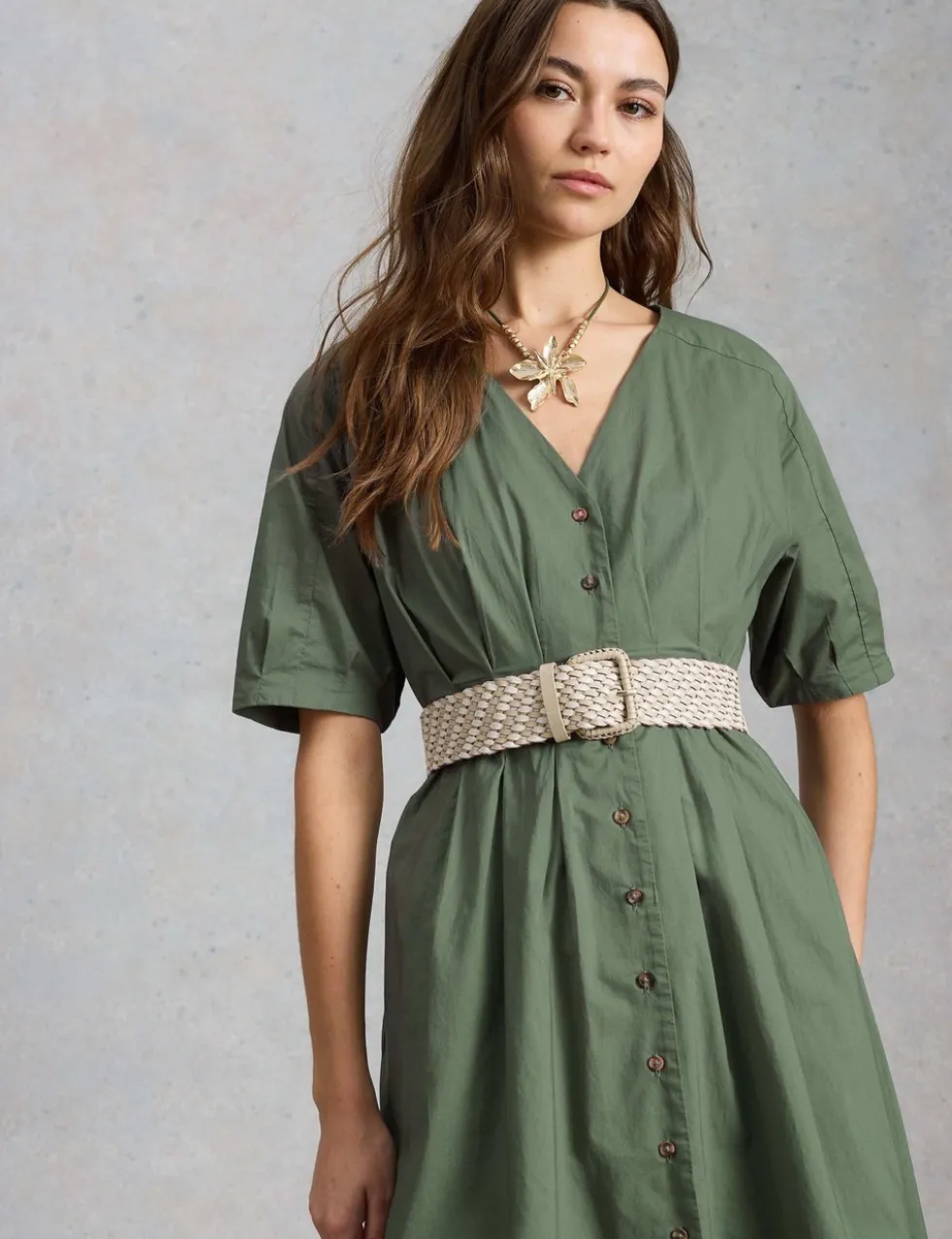 Pure Cotton V-Neck Midi Waisted Dress