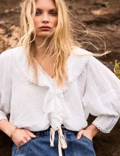 Pure Cotton V-Neck Ruffle Relaxed Blouse