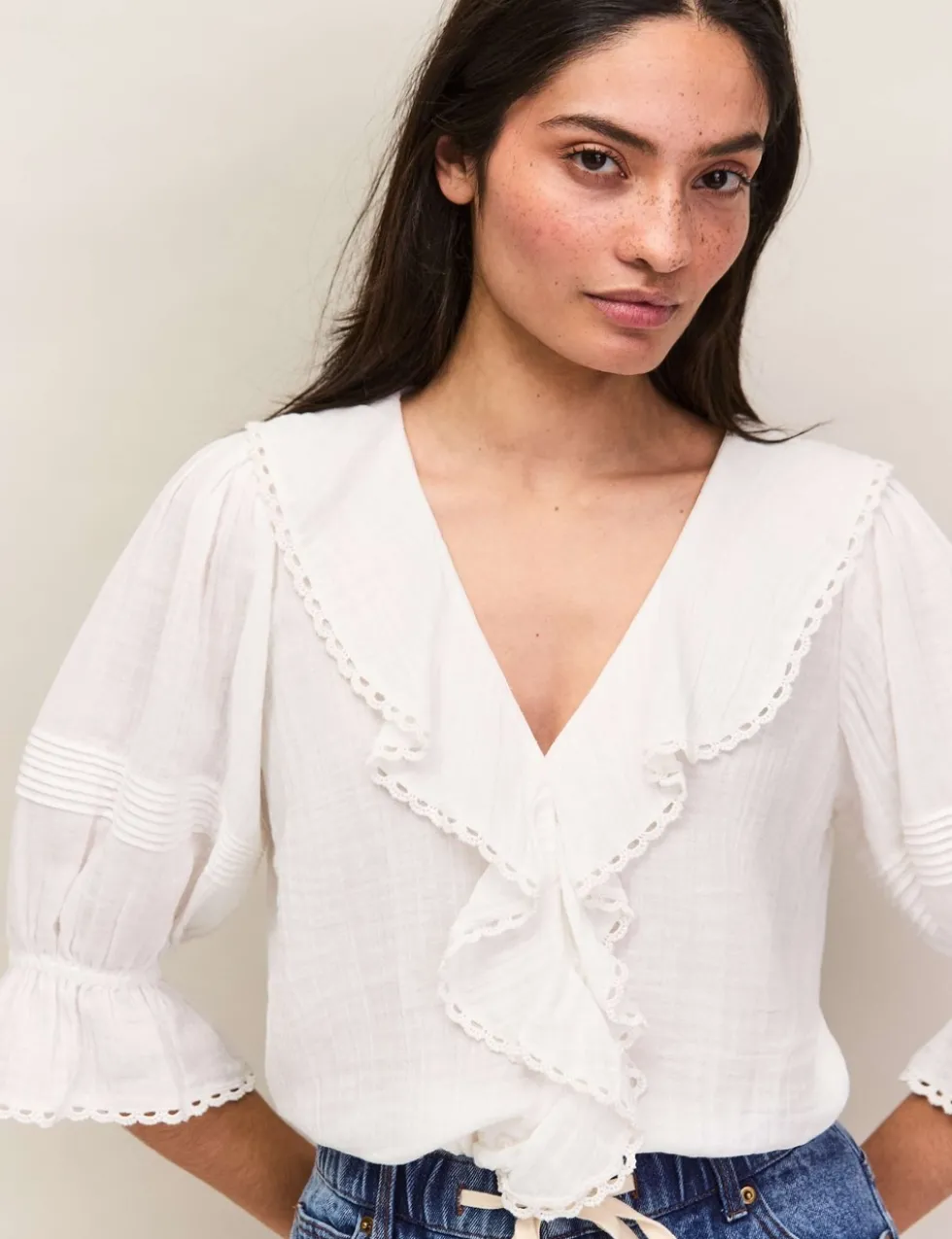 Pure Cotton V-Neck Ruffle Relaxed Blouse