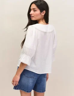 Pure Cotton V-Neck Ruffle Relaxed Blouse