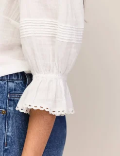 Pure Cotton V-Neck Ruffle Relaxed Blouse
