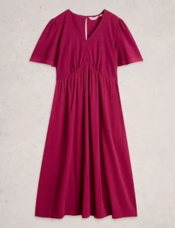 Pure Cotton V-Neck Textured Midi Waisted Dress