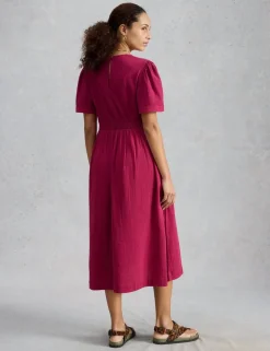 Pure Cotton V-Neck Textured Midi Waisted Dress
