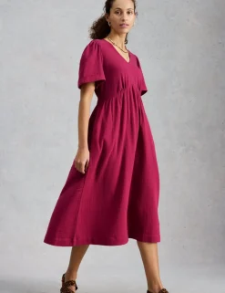 Pure Cotton V-Neck Textured Midi Waisted Dress